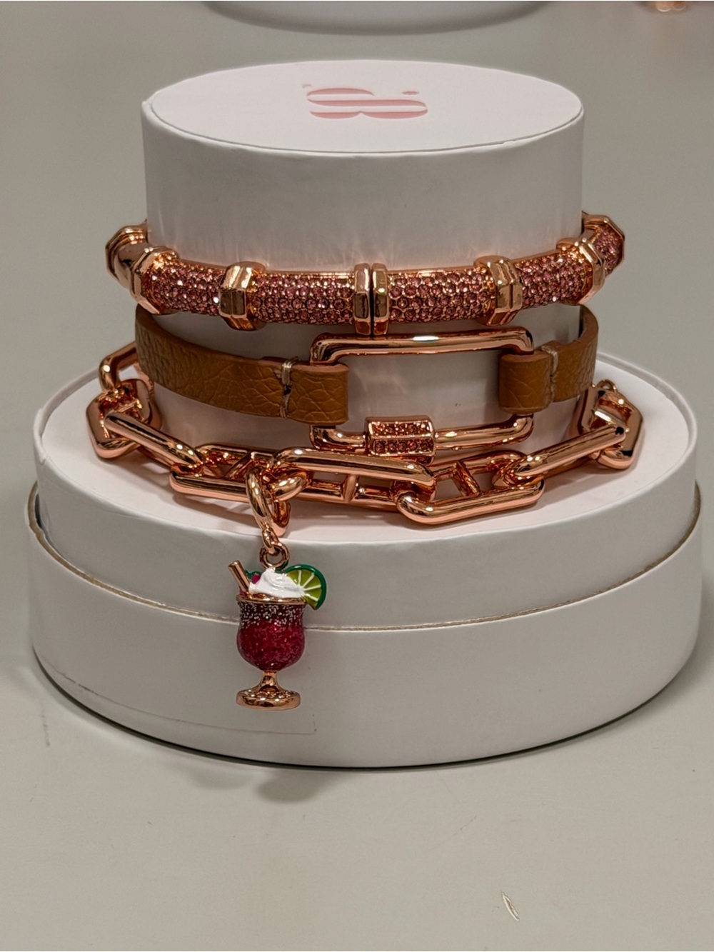 Bomb Party NWT! Rose Gold Bracelet Set with Drink Charm “Blush and Bubbly”